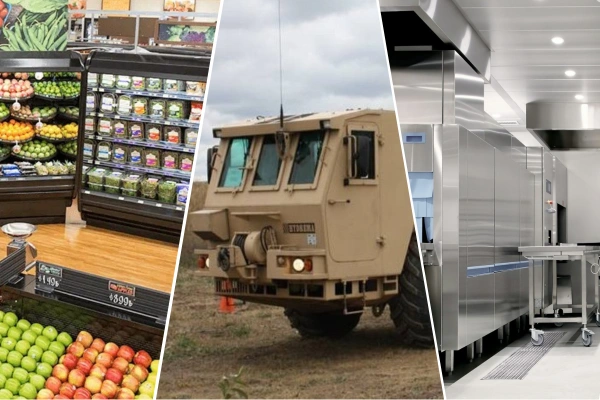 Pictures of retail merchandising fixtures, a military vehicle, and stainless steel commercial kitchen equipment.