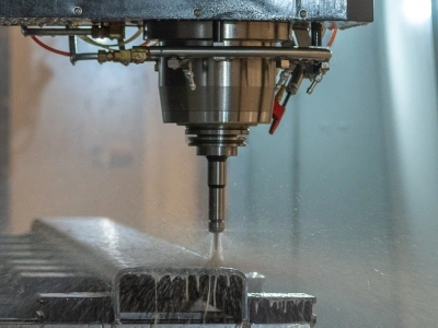 Close-up of a piece of plate being machined in a vertical machining center.