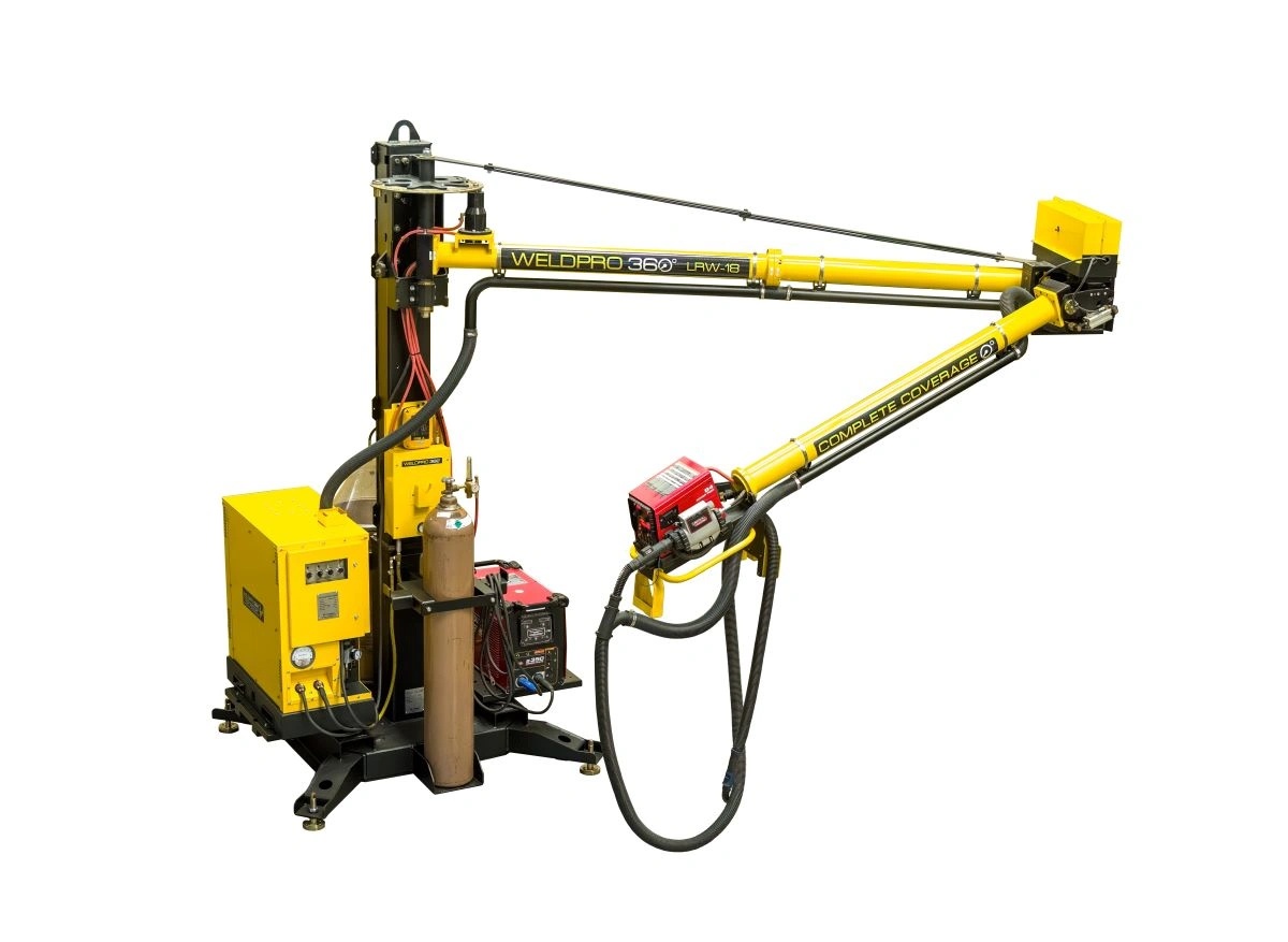 WeldPro 360 LRW-18 MIG welding boom mounted on a freestanding column and integrated with a fume extraction system
