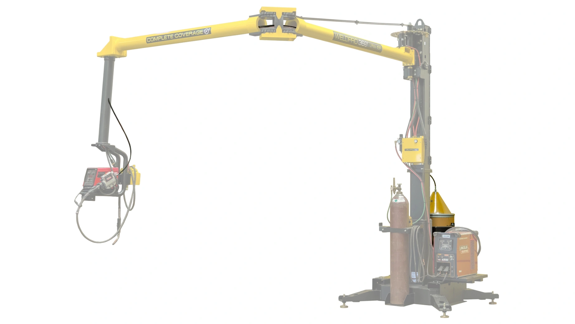 A WeldPro 360 Bulk Weld Wire Mount integrated to an LRW-18P MIG Weld Boom Arm on a Freestanding Column