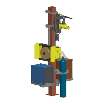 A WeldPro 360 boom arm and welding equipment mounted to a straight building column using WeldPro 360 Straight Column Mounts