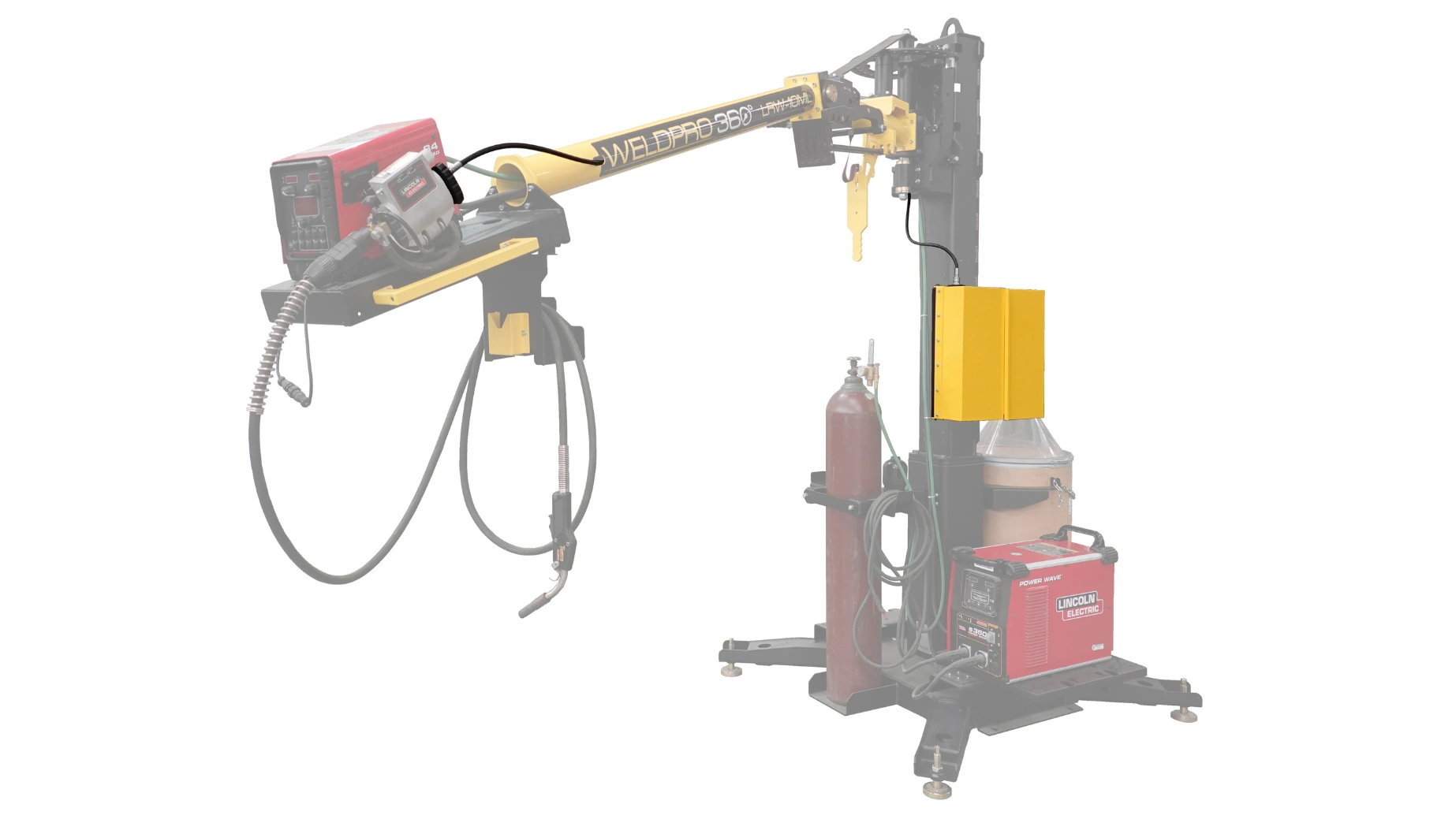 A WeldPro 360 Weld Wire Spool Enclosure integrated to an LRW-10ML MIG Weld Boom Arm on a Freestanding Column