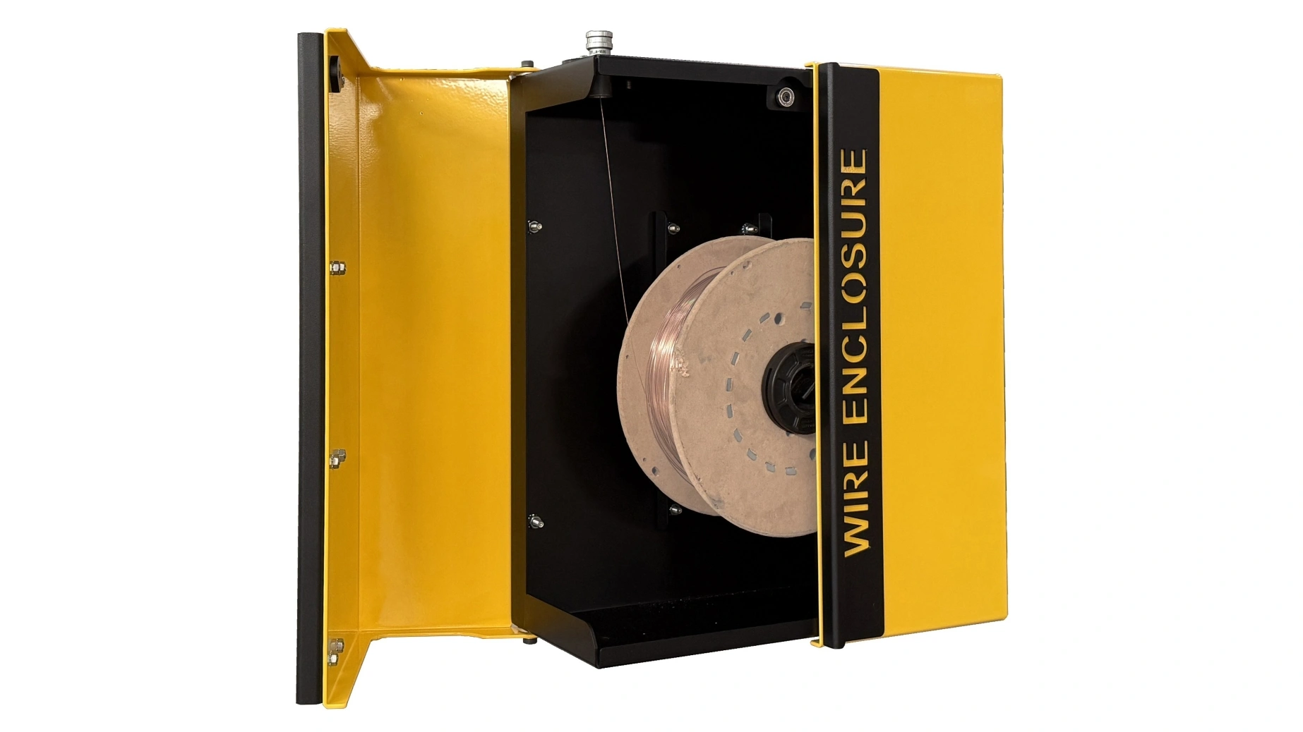 A WeldPro 360 Weld Wire Spool Enclosure with a spool of weld wire loaded through a conduit liner