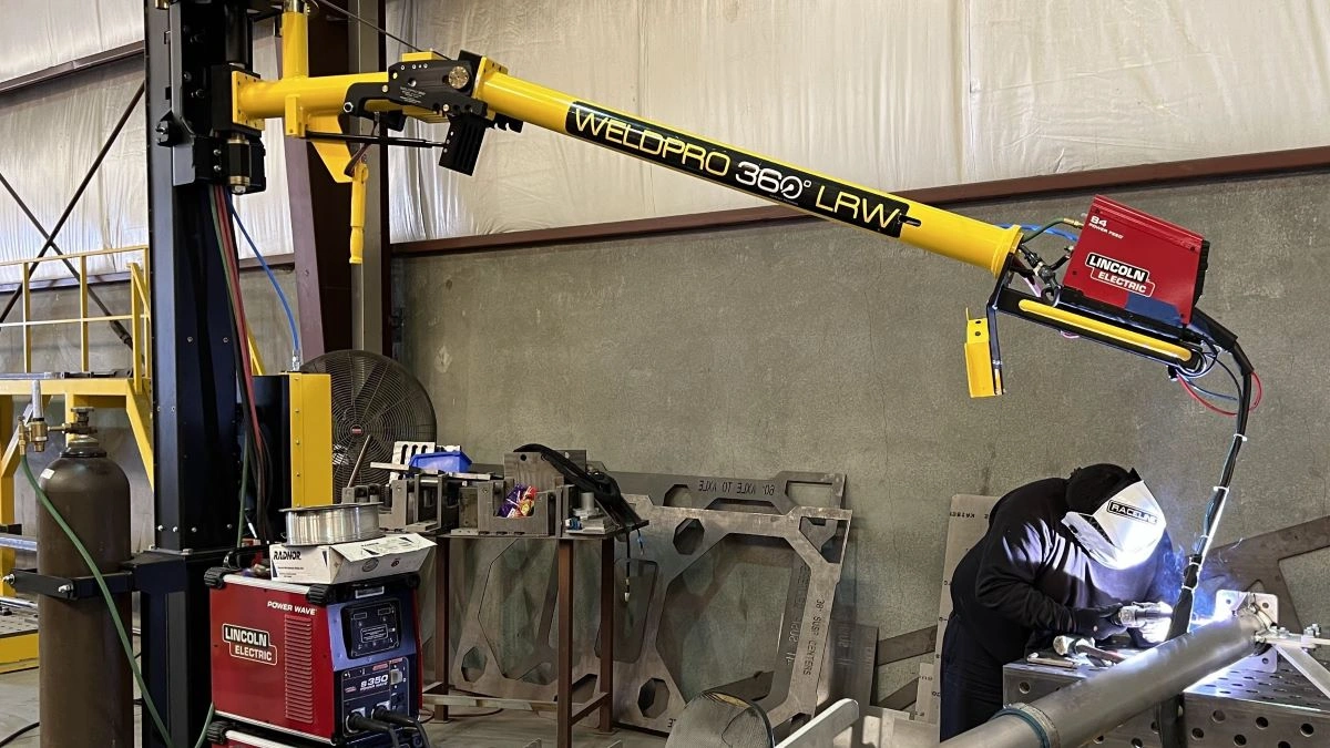 Welding an aluminum weldment on a welding table, with a WeldPro 360 LRW-10ML MIG Welding Boom Arm