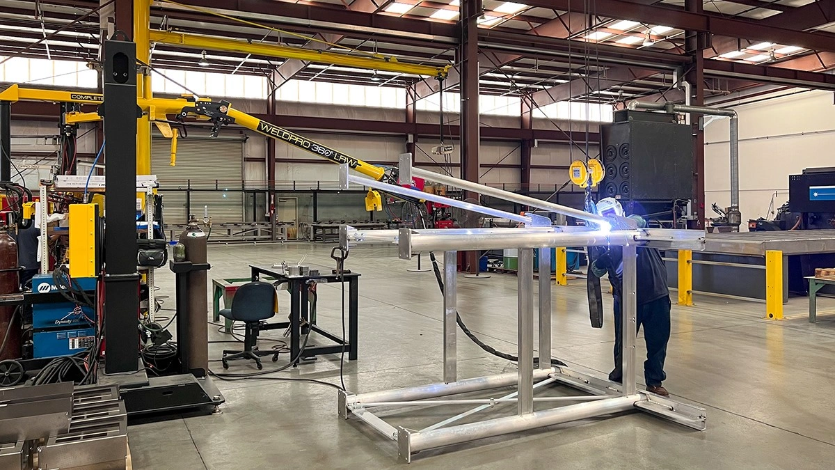 Welding an aluminum weldment with a WeldPro 360 LRW-10ML MIG Welding Boom Arm